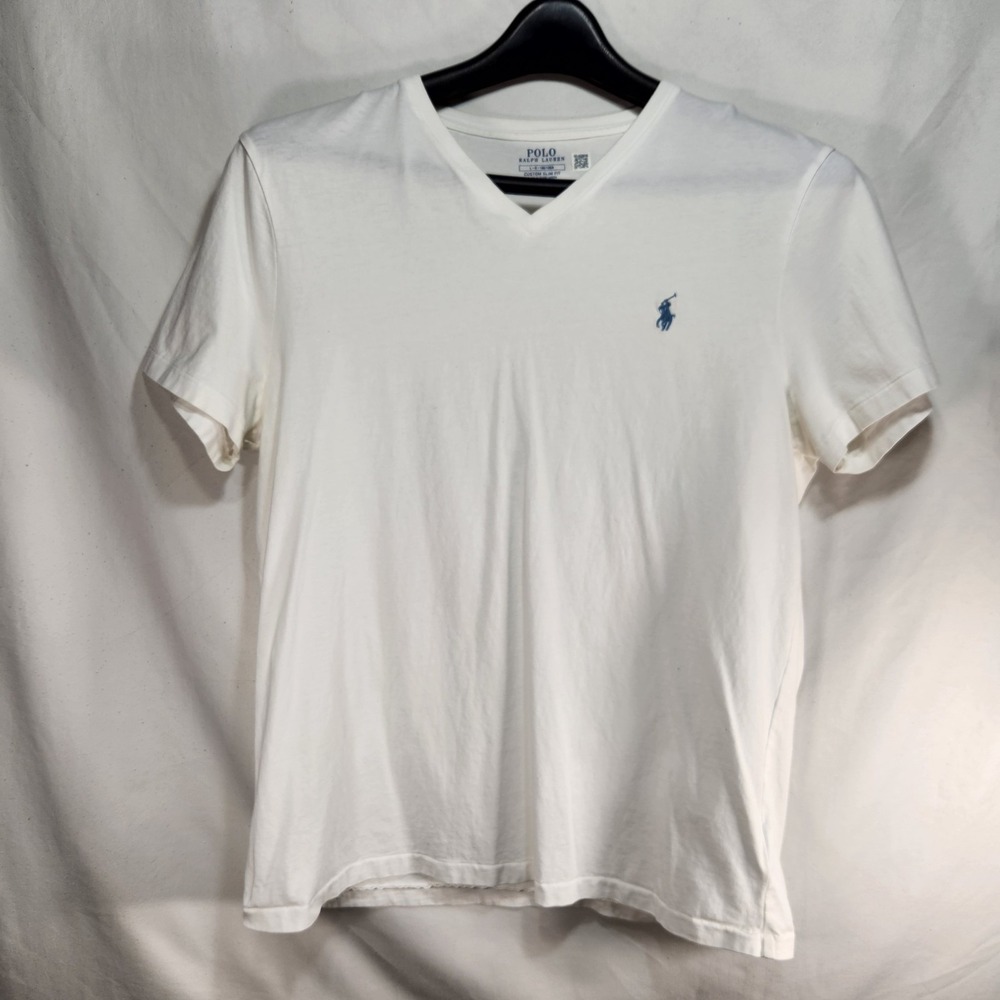 Ralph‎ Lauren Custom Slim Fit Mens T-Shirt Size Large White W/ Blue Pony V-neck